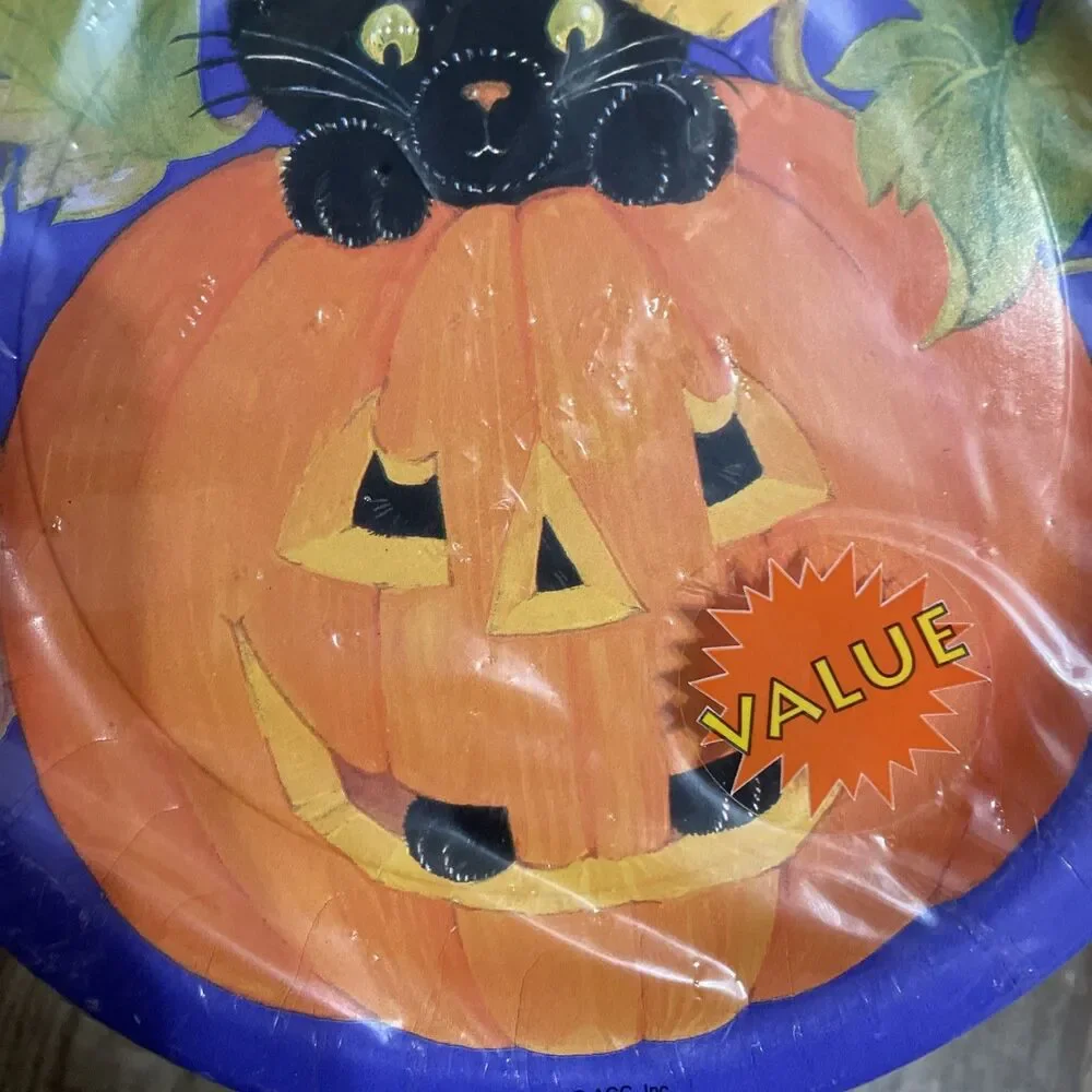 Vintage Halloween 9” Set 12 Plates American Greetings Black Cat Pumpkin Cute